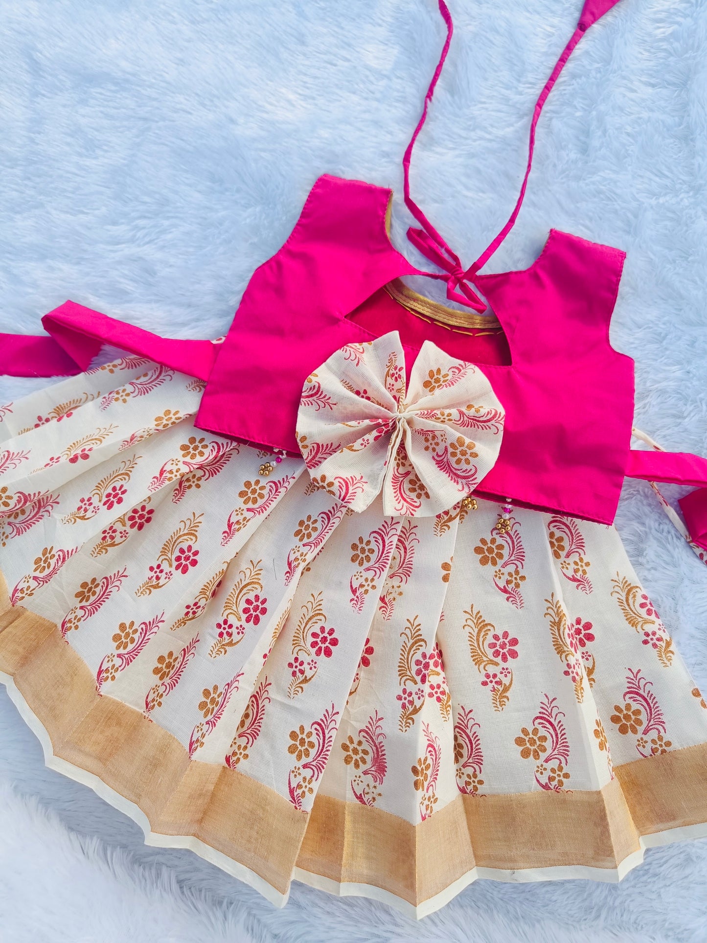 2025-Ganesh chathurthi Collections Pink Crop Top And Floral Print Keral Cotton Pattu Pavada