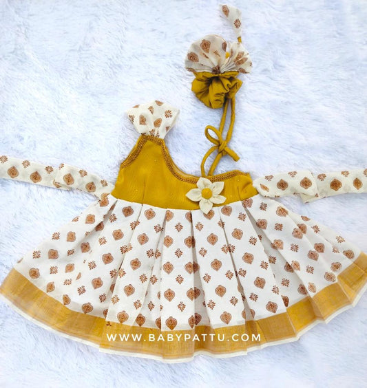 Gold  & White Kasuvu Cotton Frock