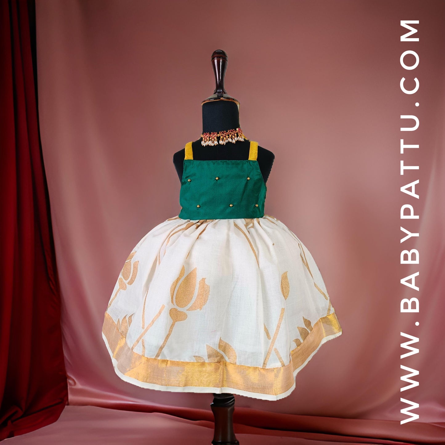 Green & White Kerala Kasuvu Cotton Frock