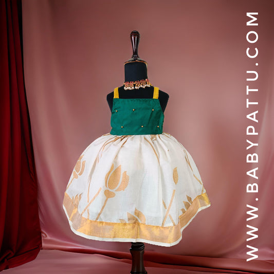 Green & White Kerala Kasuvu Cotton Frock