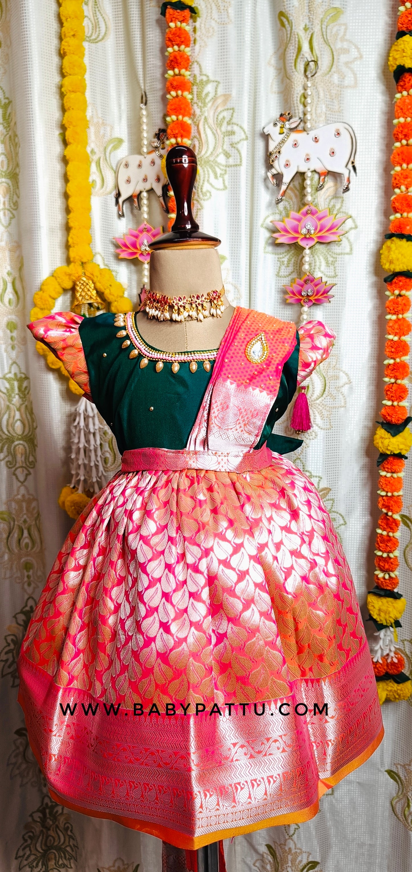 Adorable Green & Orange Half Saree model  Frock