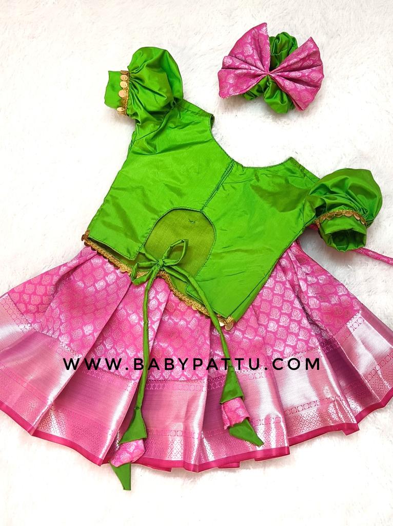 Green & Dark Shade Pink Pattu  Pavada