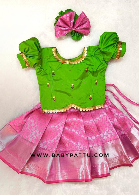 Green & Dark Shade Pink Pattu  Pavada