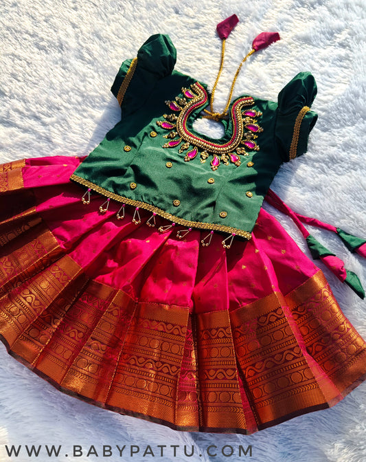 Green Top and Rani Pink Bottom Pattu Pavada