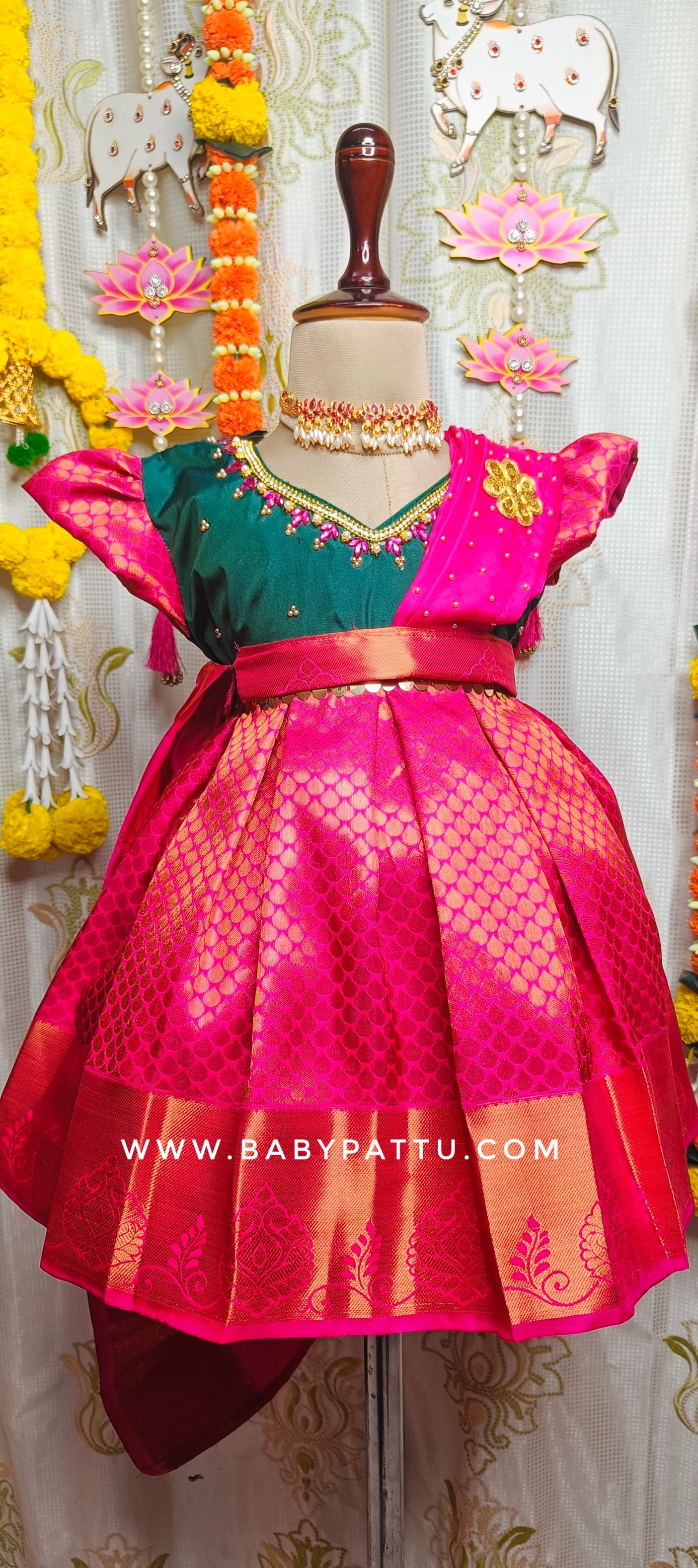 GREEN AND RANI PINK HALF SAREE MODEL FROCK