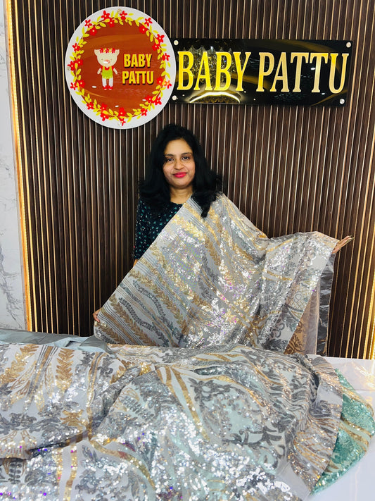 Elegant Grey Color Heavy Sequence Fancy Silk Saree