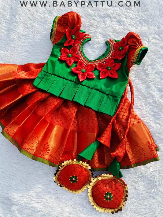 3D Green Top & Red pattu pavada