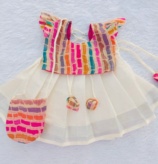 🌸🌸 Pink & Multi Colour Kota Cotton Top & Kerala Cotton Pattu Pavada 🌸🌸