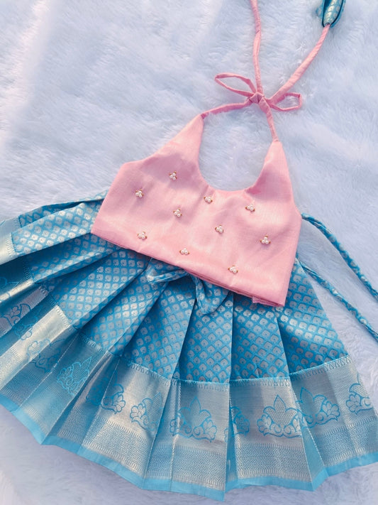 BabyPink Crop Top And Sky Blue Pattu Pavada