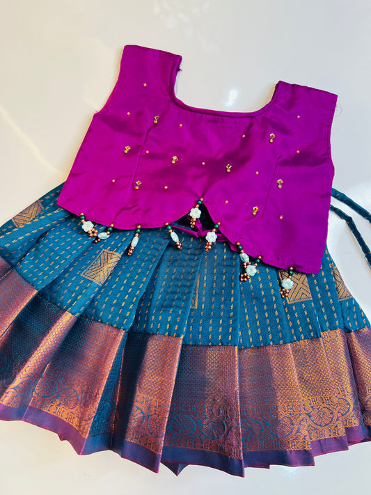 Purple Crop Top And Peacock Blue Colour Bottom Pattu Pavada
