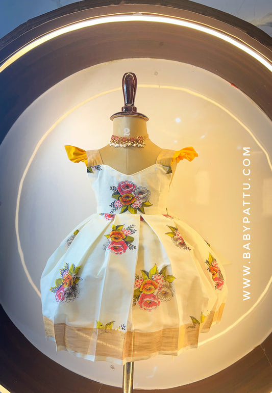 Yellow & White Kerala Cotton Frock