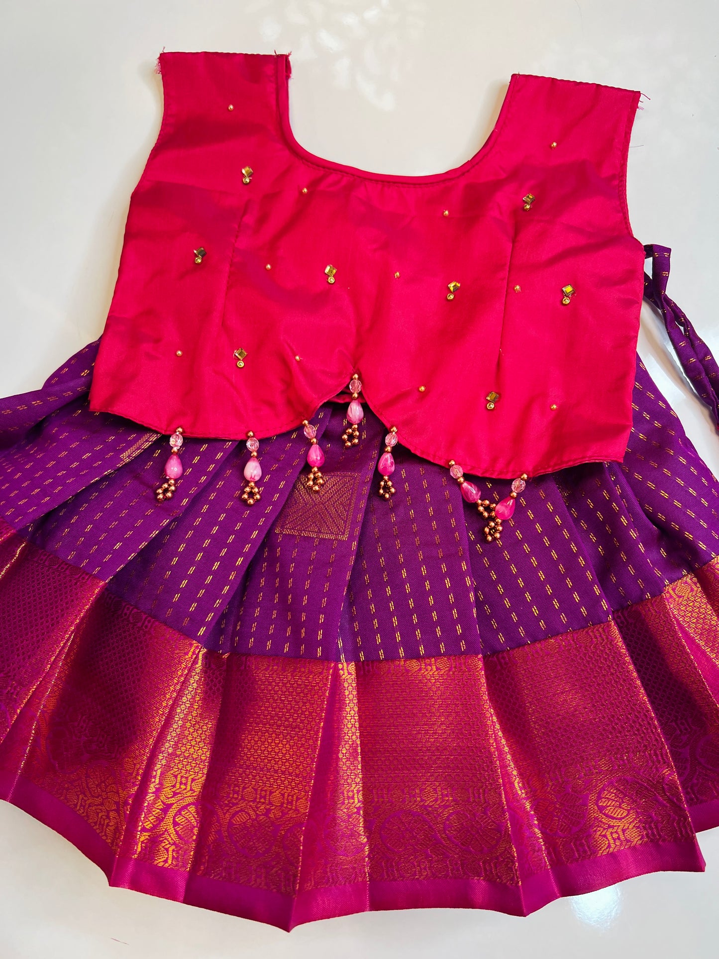 Rani Pink Crop Top And Purple Bottom Pattu Pavada