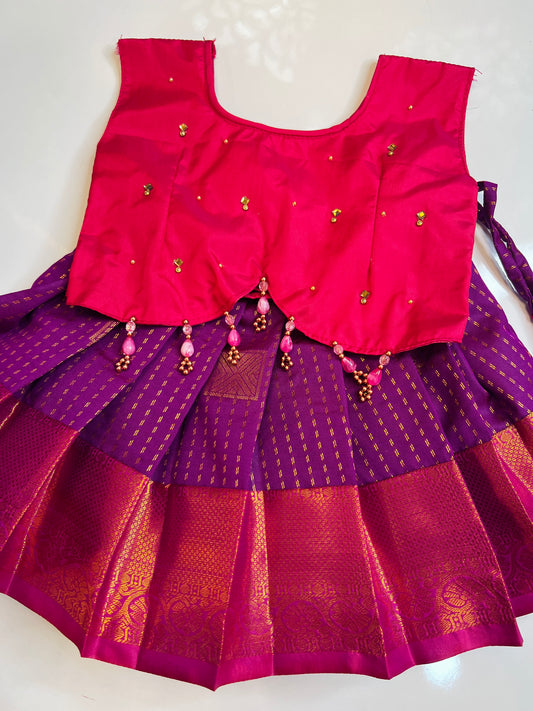 Rani Pink Crop Top And Purple Bottom Pattu Pavada