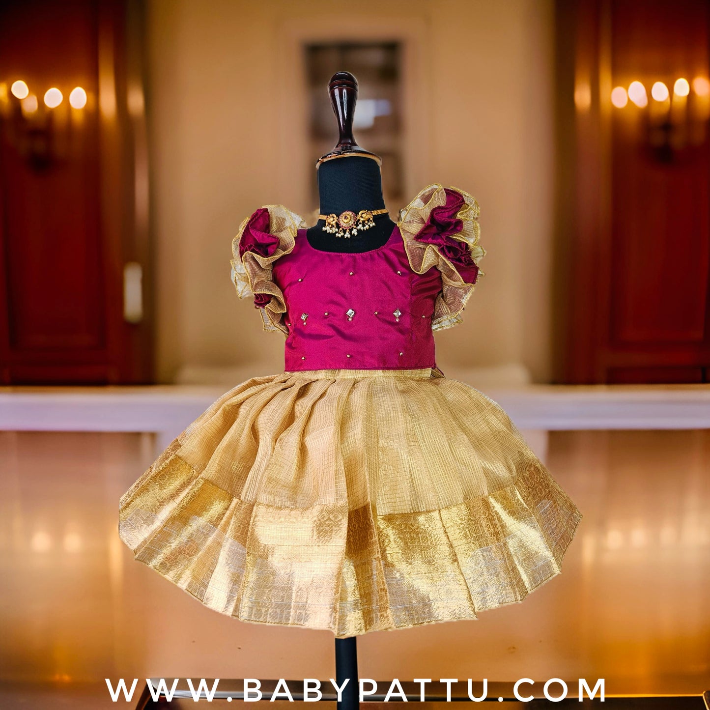 Maroon and Gold Tissue Pattu Pavada