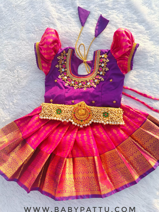 Purple top and Rani pink bottom Pattu Pavada With Hip belt