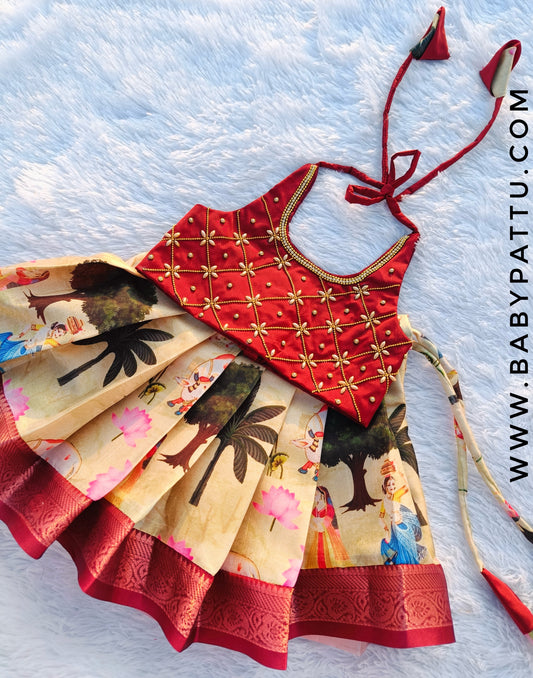 MAROON CROP TOP AND HALF WHITE PATTU PAVADA
