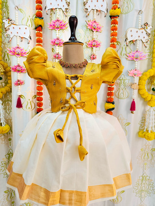 Yellow & White Kerala Coat Model Frock || Vishu Collection || 2024 ||
