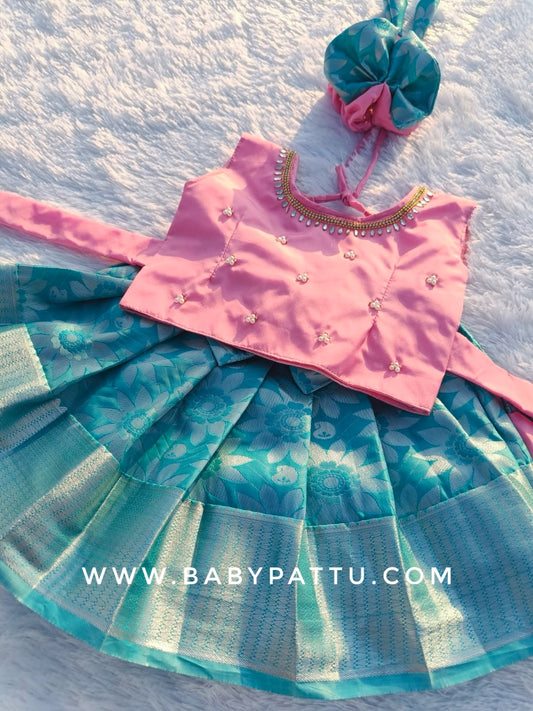 Pink & Cyan Sleeveless Pattu Pavada
