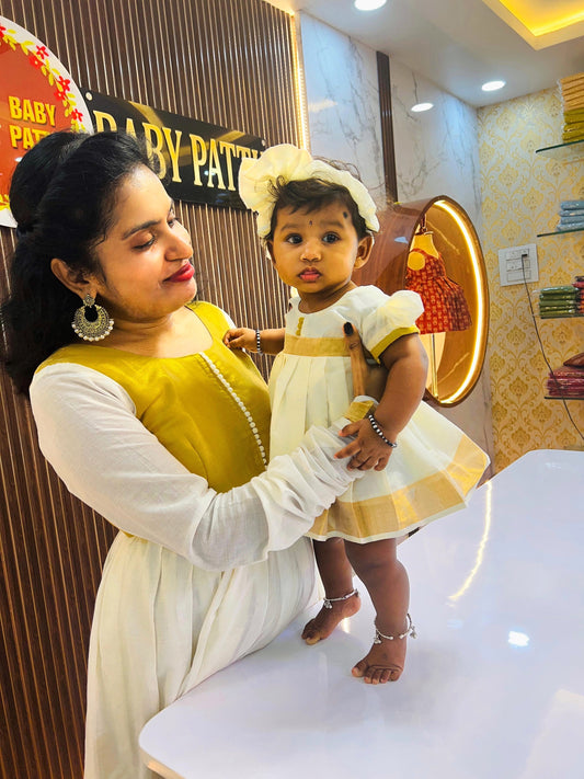 Beautiful Combo Gold And White Kerala Long Frock