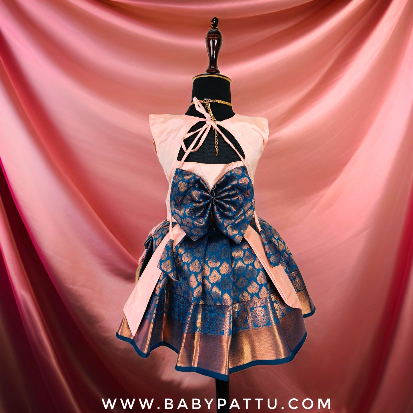 Peach And Blue Pattu Pavada