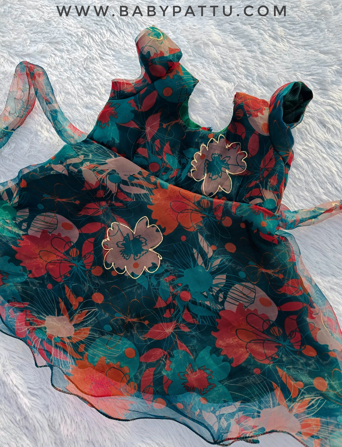 Peacock Green Floral print Organza Cute Frock