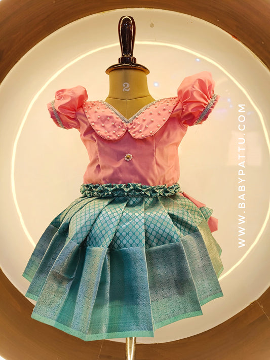 Baby pink And Turquoise color Bottom Pattu Pavada