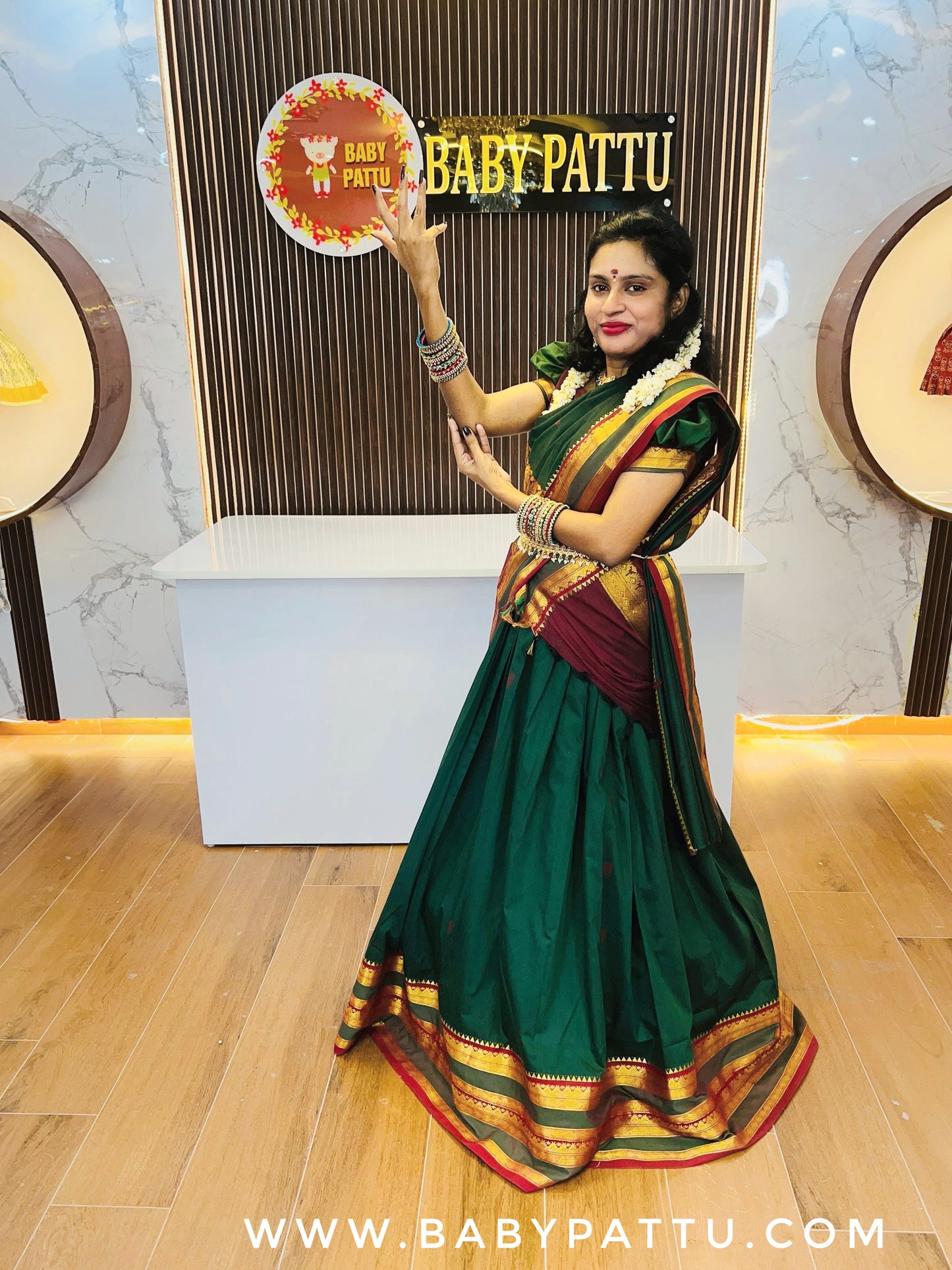 Beautiful Green And Maroon Color Half Saree