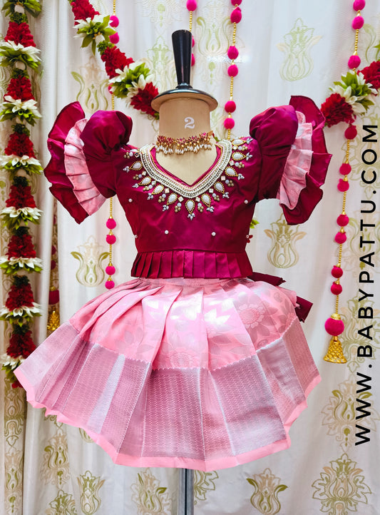 Maroon & Baby Pink Pattu pavada