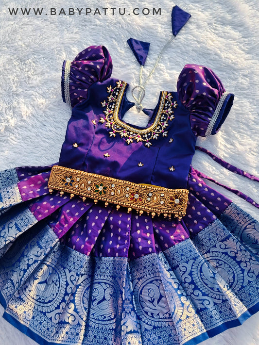 Navy blue top and purple bottom Pattu Pavada with Hipbelt