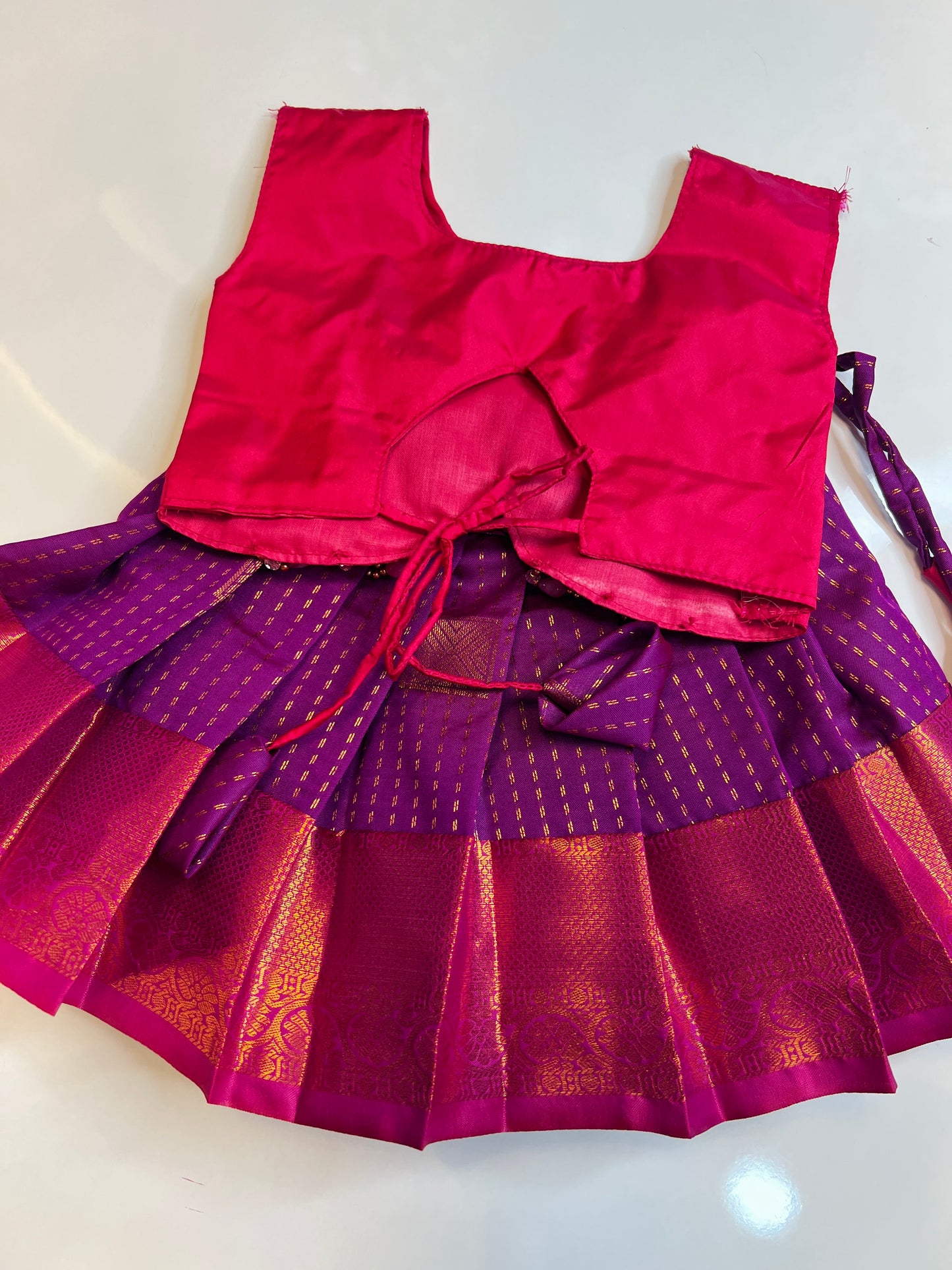 Rani Pink Crop Top And Purple Bottom Pattu Pavada