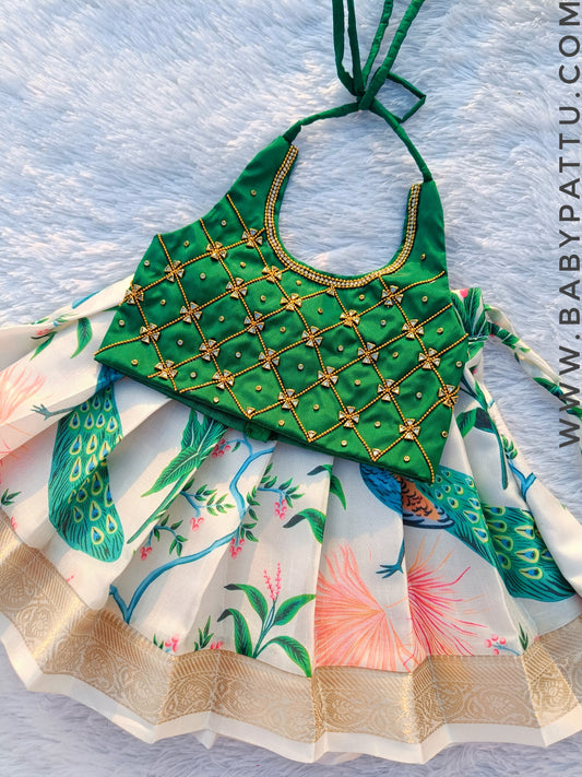 GREEN CROP TOP AND WHITE BOTTOM PATTU PAVADA