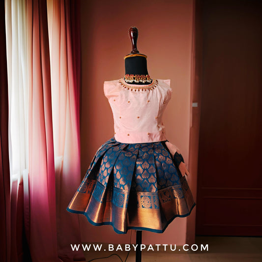 Peach And Blue Pattu Pavada