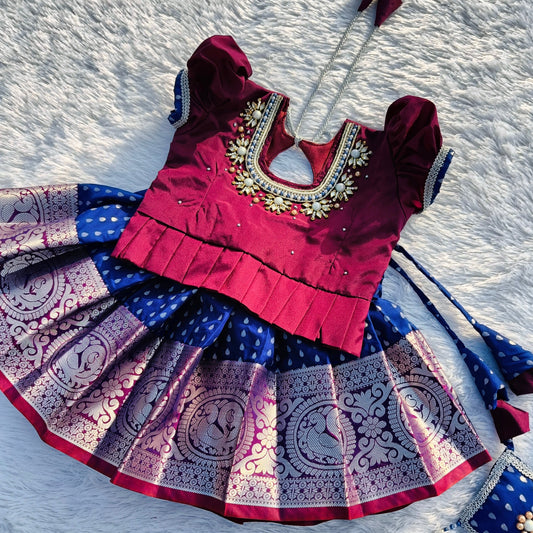 Wine & Blue Pattu Pavada