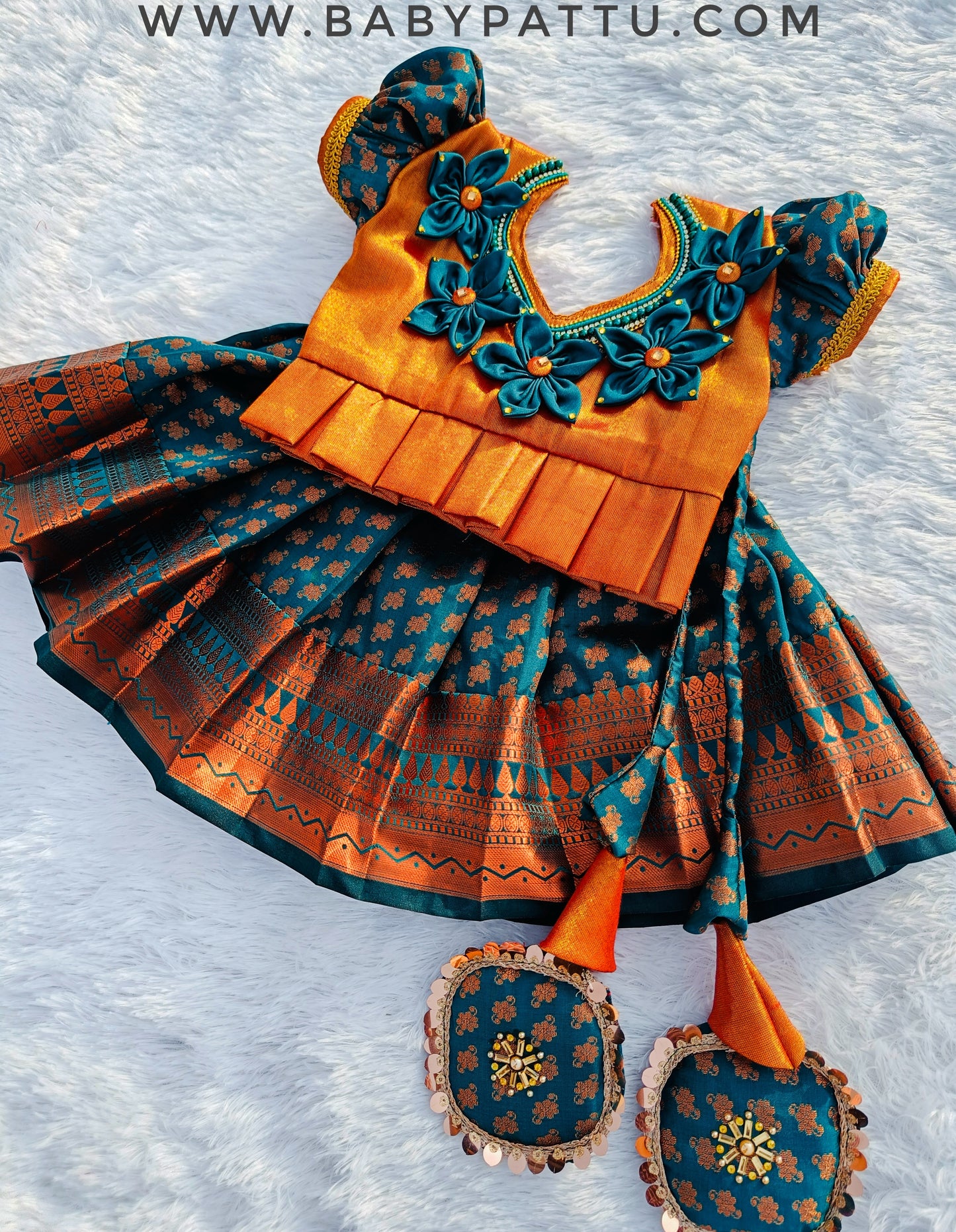 3D Floral  Copper top & Peacock green pattu pavada