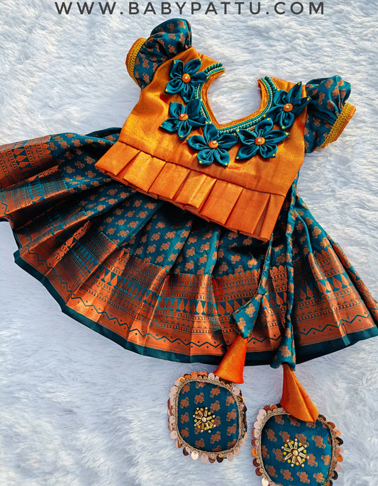 3D Floral  Copper top & Peacock green pattu pavada