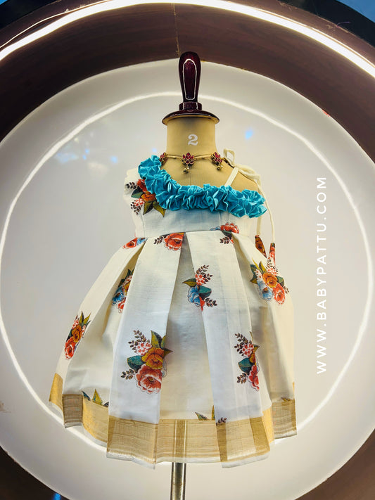 Sea green & Floral Kerala cotton frock