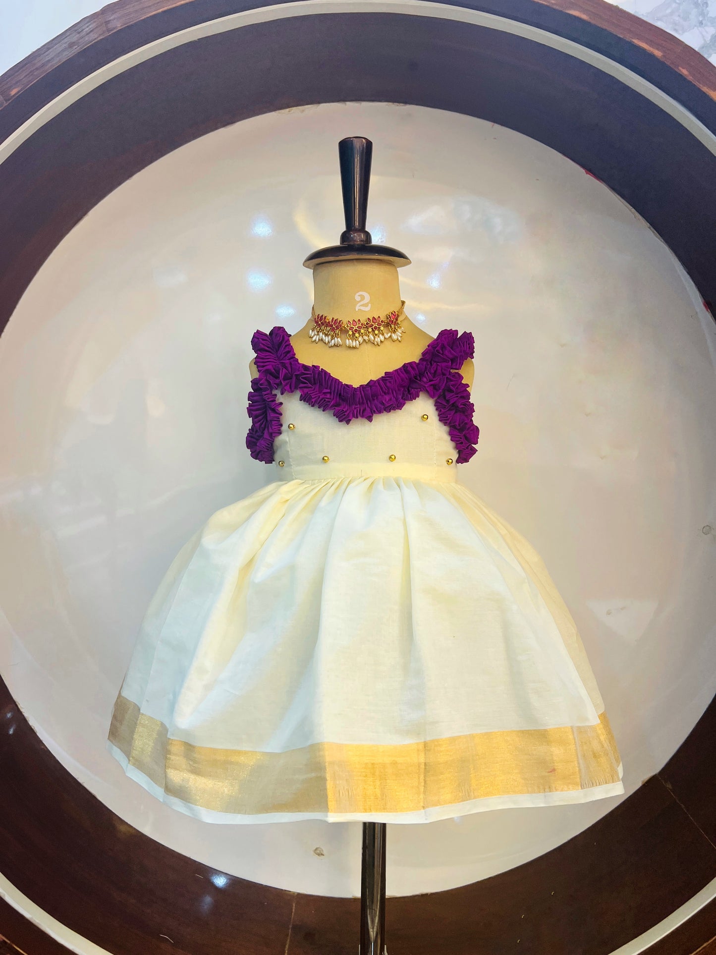 Purple And White Kerala Cotton Frock