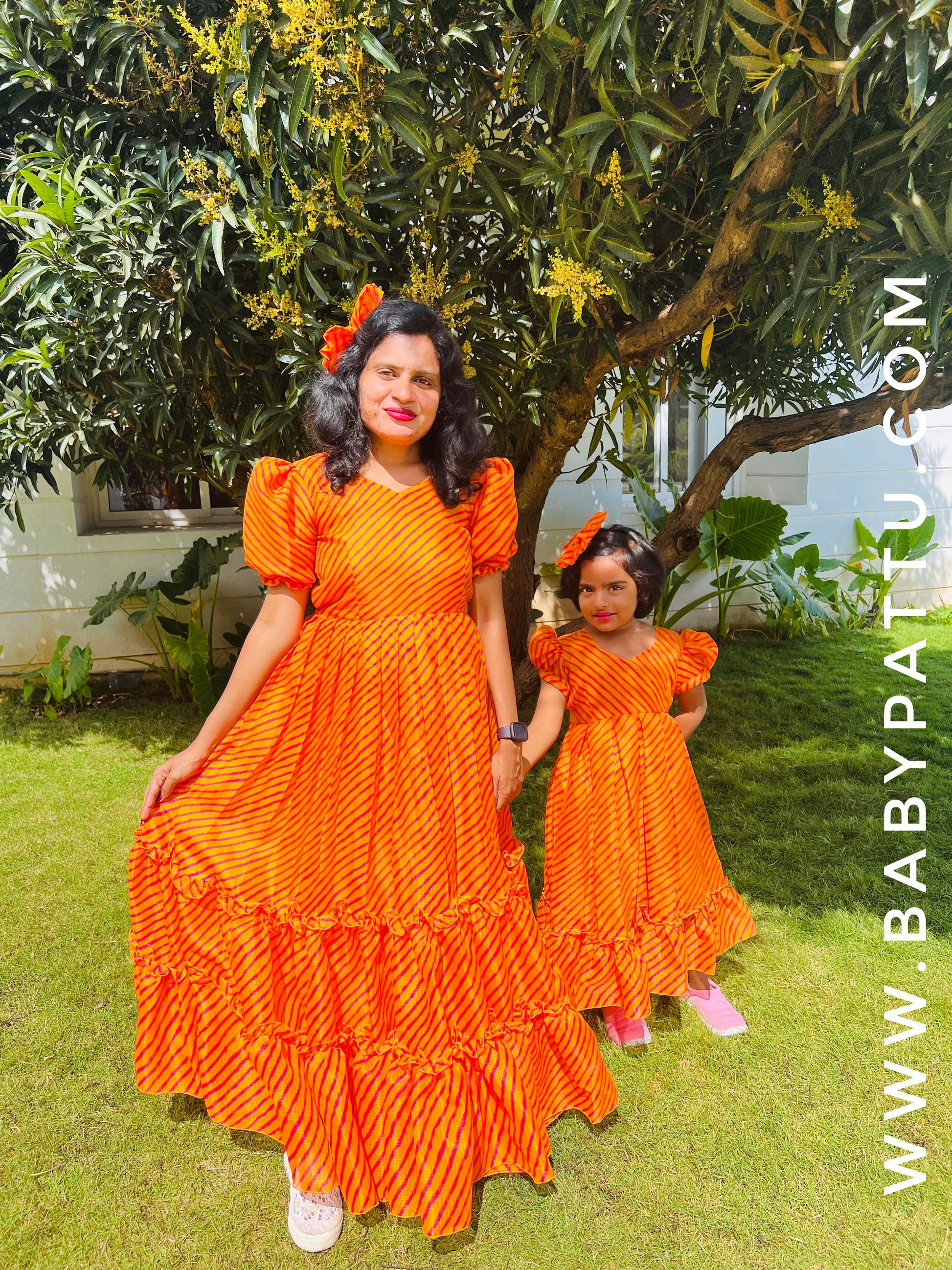 Orange Colour Kota Cotton Princess Frock MOM & Daughter Combo babypattustudio Orange Colour Kota Cotton Princess Frock MOM & Daughter Combo babypattustudio