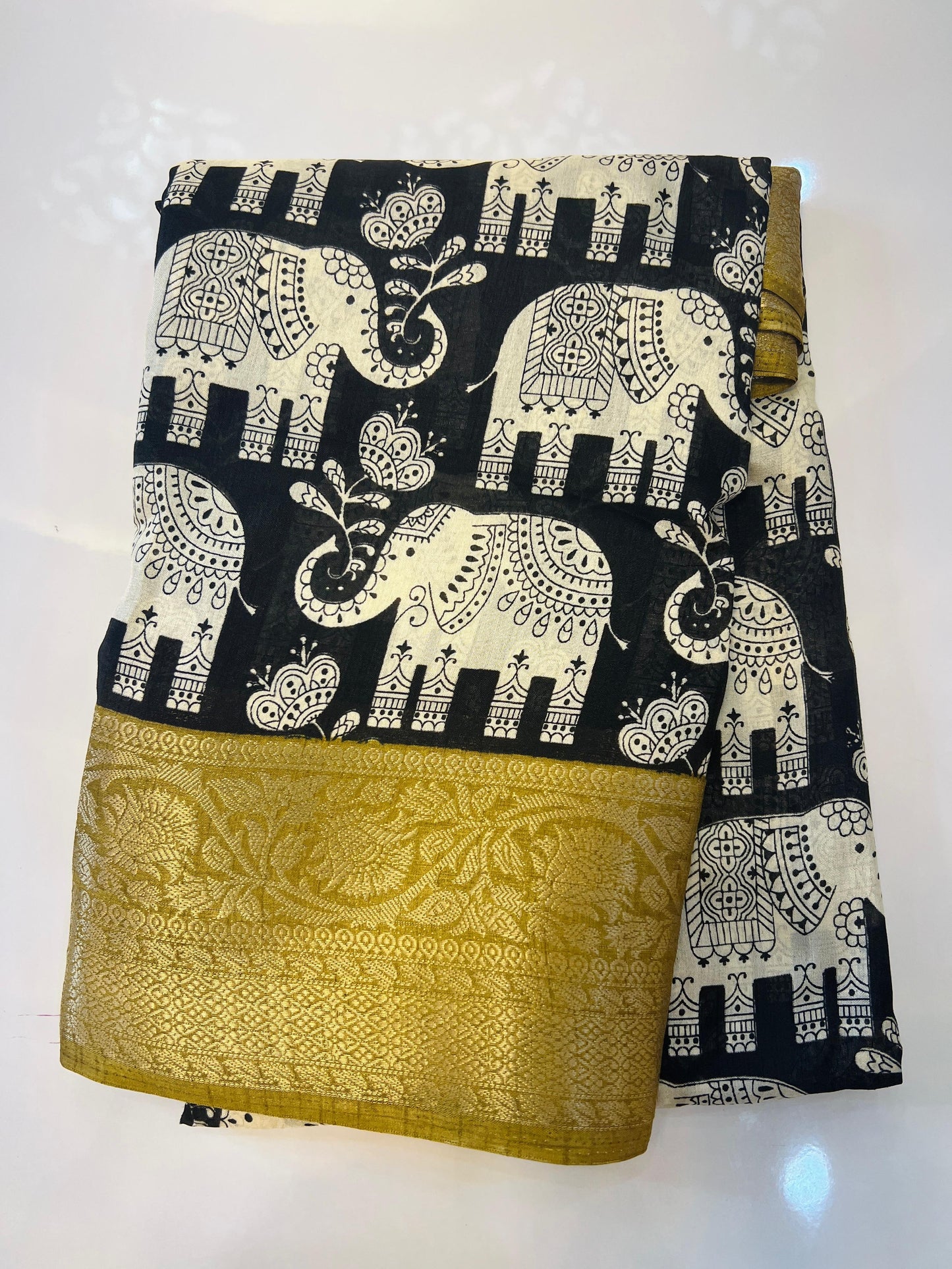 Black With Mustard Yellow Color  Border Soft Dola With Elephant Print