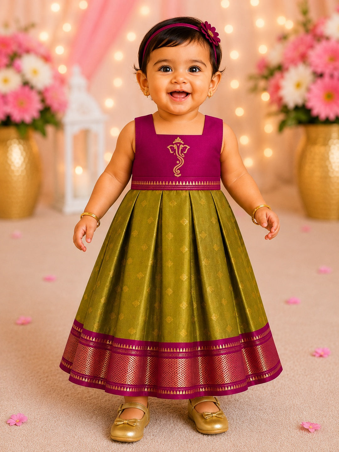 Maroon & Green Ganesha Paint Frock