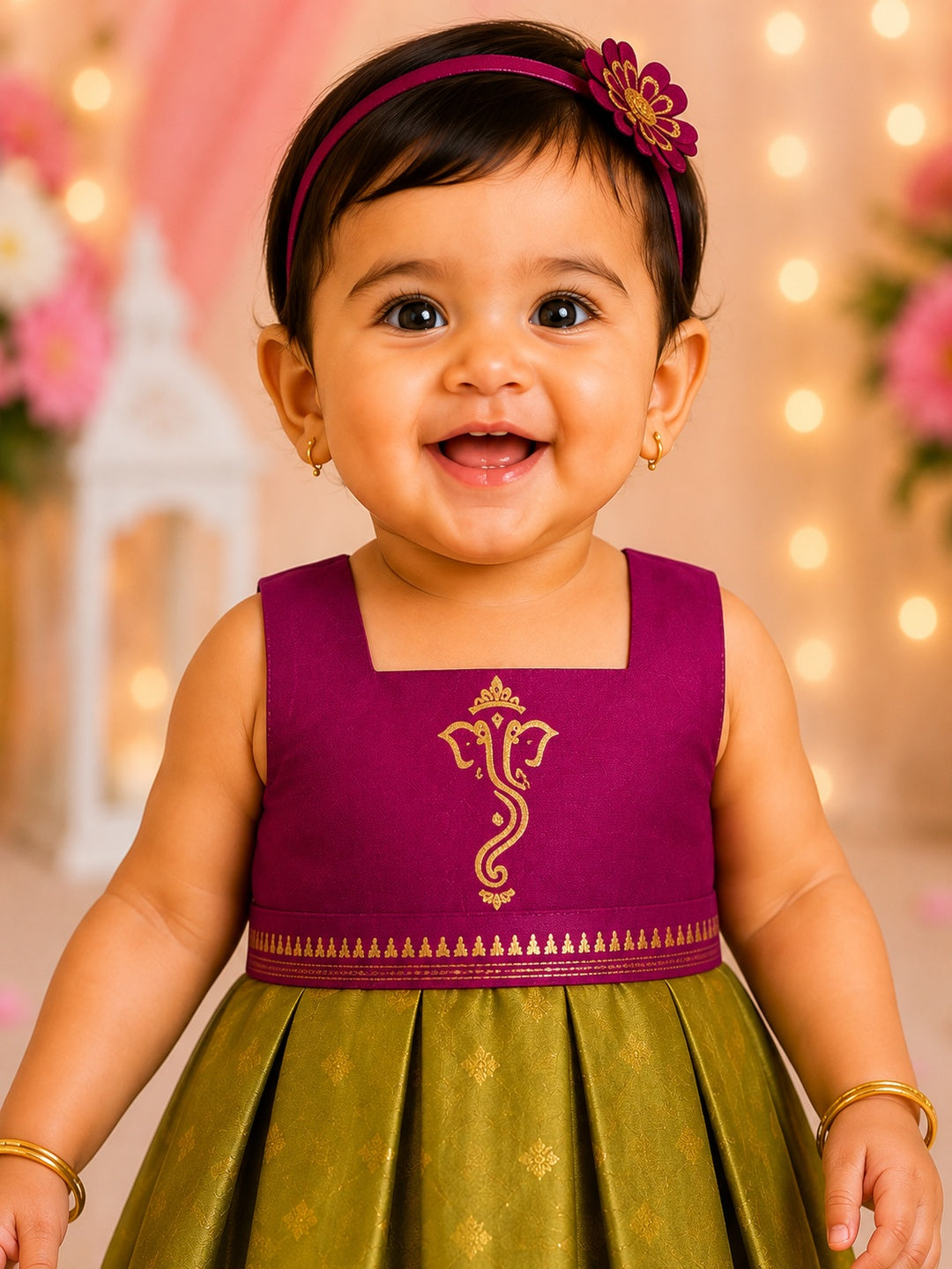 Maroon & Green Ganesha Paint Frock