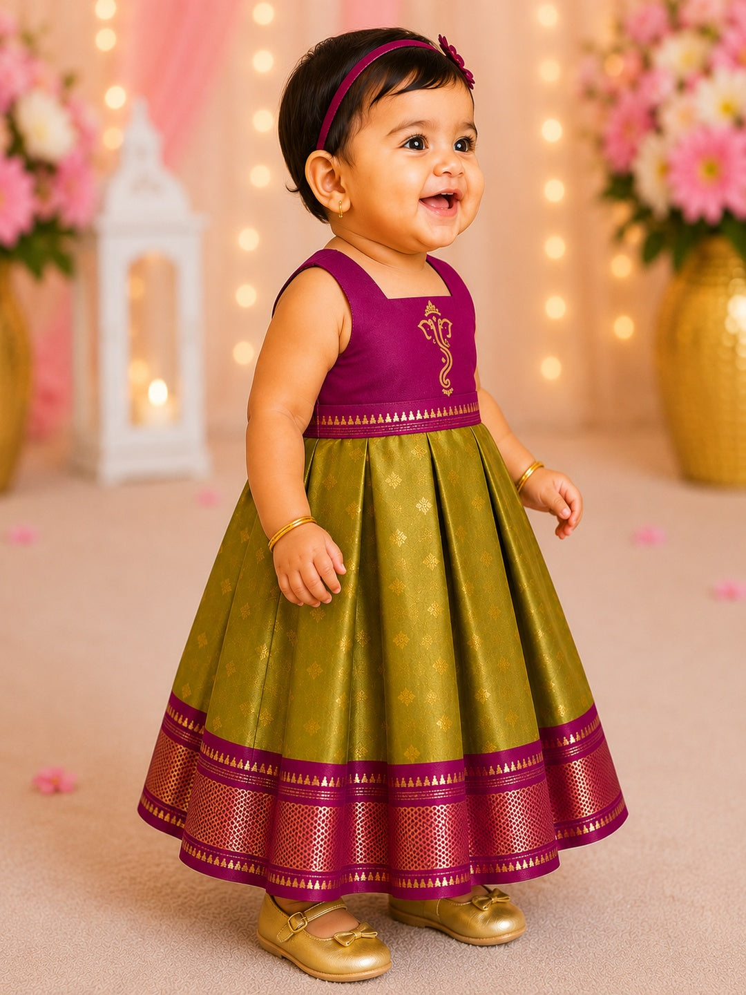 Maroon & Green Ganesha Paint Frock