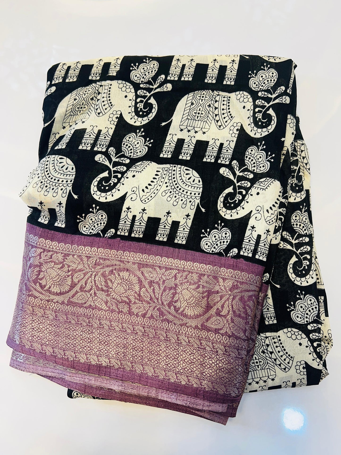 Black With Onion Border Soft Dola With Elephant Print