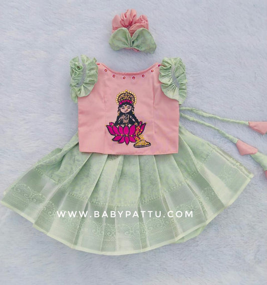 Peach & Mint  Green Pattu Pavada