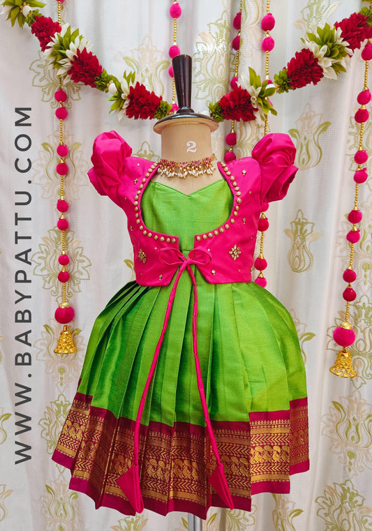 Pink And Parrot Green Colour Coat Model Frock