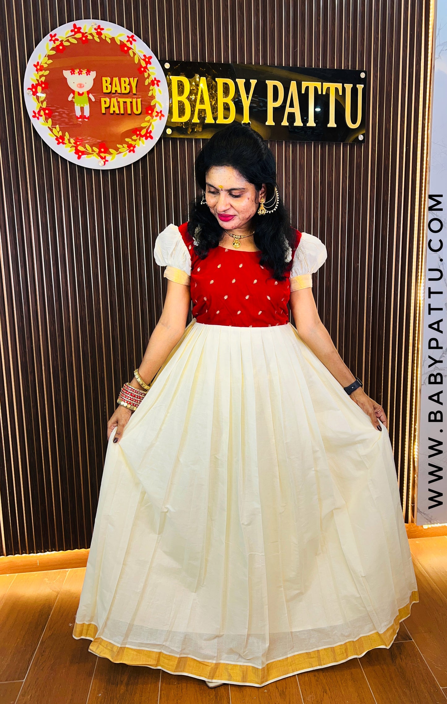 Red Velvet  And White Kerala Cotton Long Frock || Vishu Collection || 2025 ||
