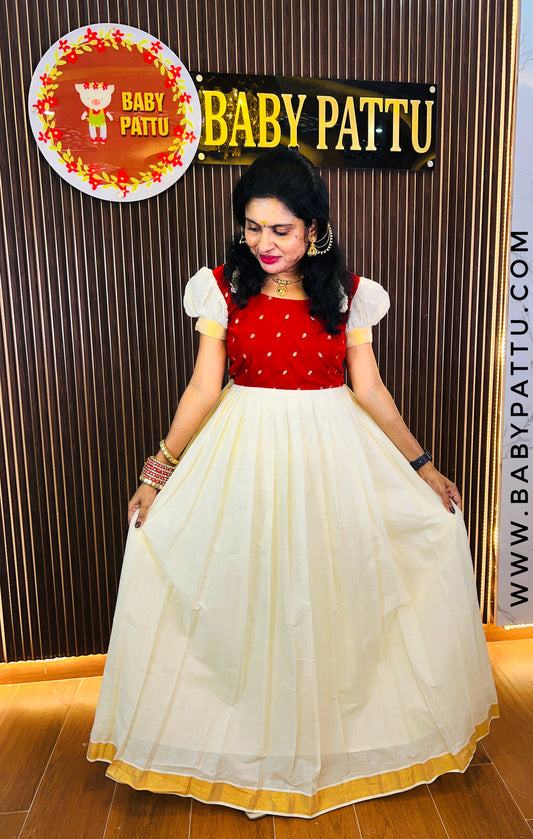 Red Velvet  And White Kerala Cotton Long Frock || Vishu Collection || 2025 ||