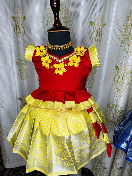 Red & Lemon Yellow Pattu Pavada