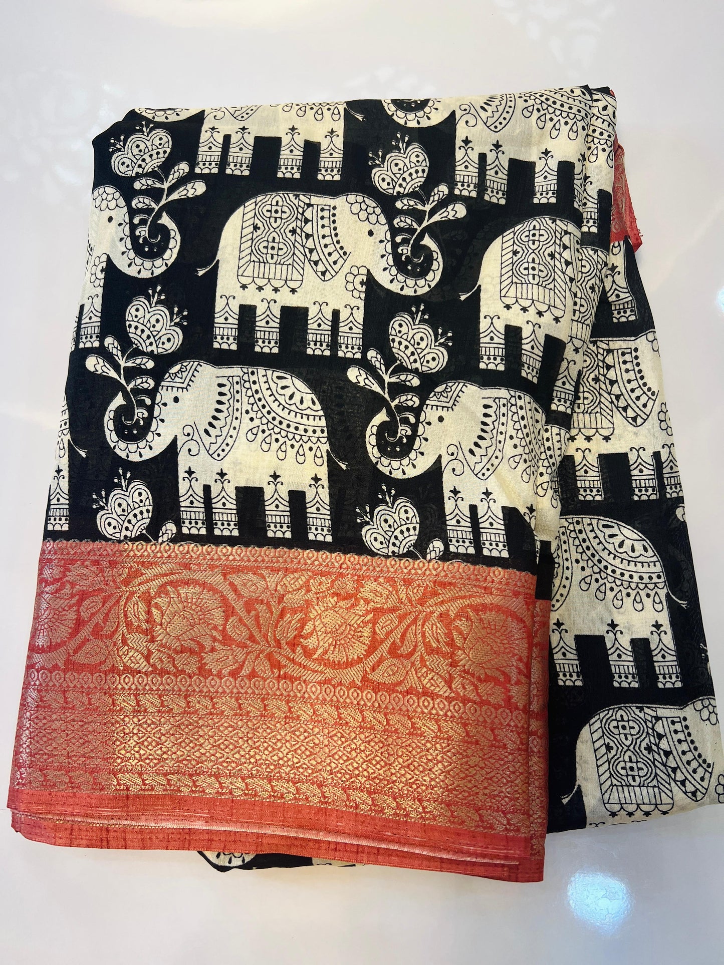 Black With Red Color  Border Soft Dola With Elephant Print