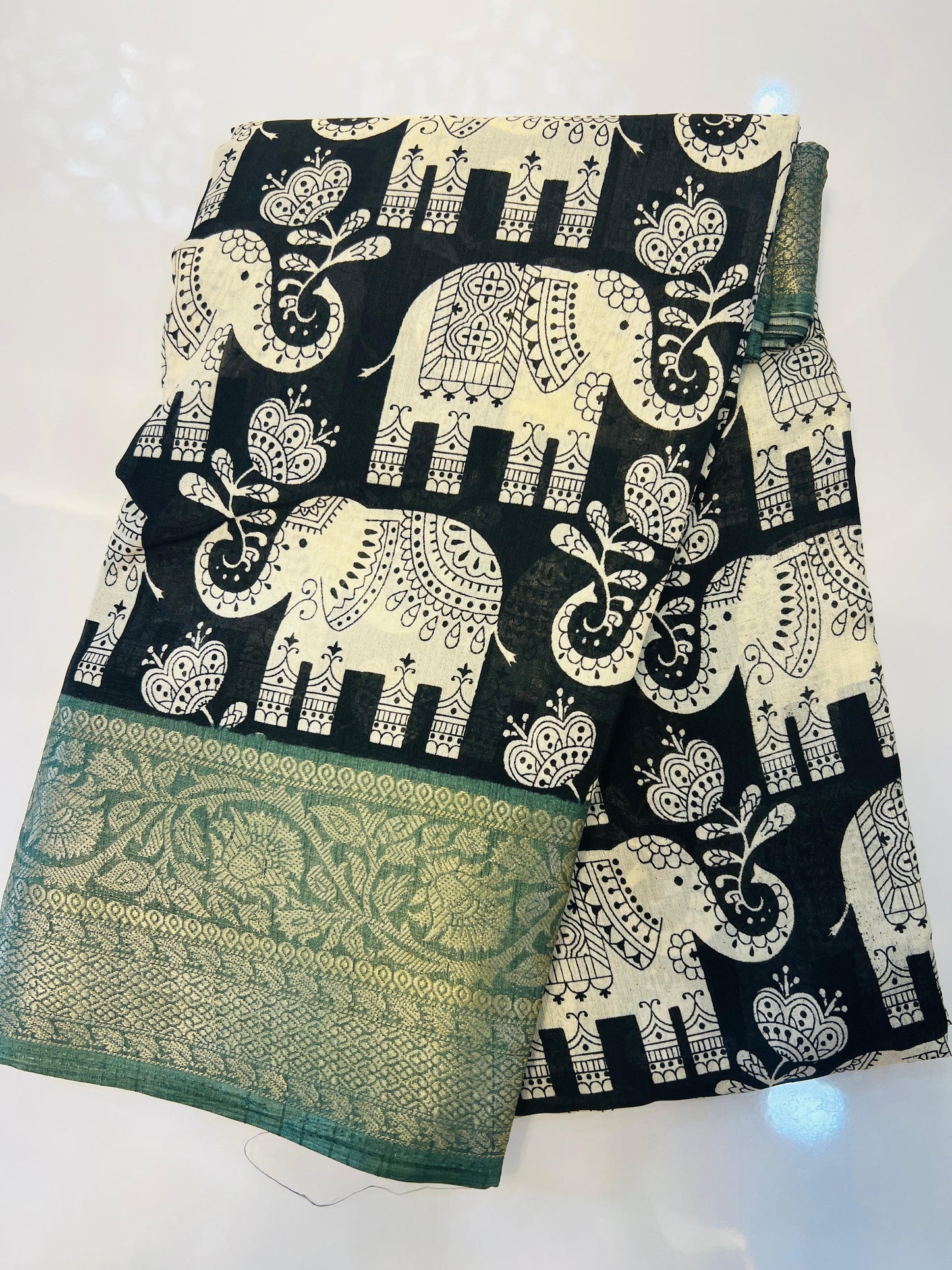 Black With Turquoise Color Border Soft Dola With Elephant Print